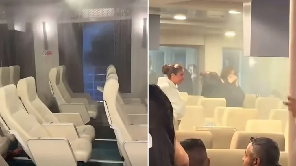 Νέες εικόνες από το χάος στο πλοίο «Νήσος Σάμος» μετά την ενεργοποίηση του συστήματος πυρόσβεσης λόγω τσιγάρου, επιβάτες έγιναν μούσκεμα