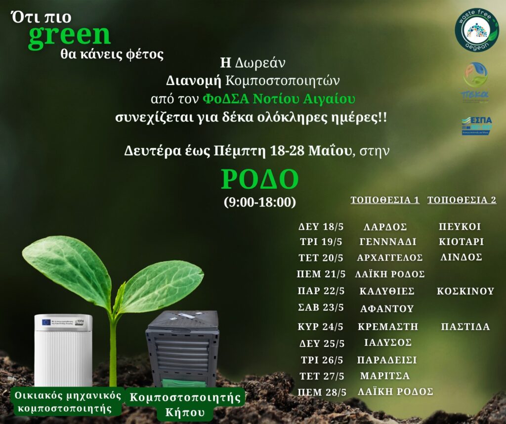 Συνεχίζεται εντατικά στη Ρόδο η διανομή οικιακών κομποστοποιητών από τον ΦοΔΣΑ Νοτίου Αιγαίου – Η πιο Green επιλογή που μπορείς να κάνεις φέτος