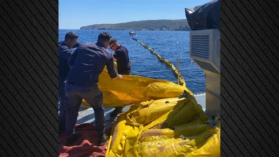 Βίντεο και φωτογραφίες από την τοποθέτηση πλωτού φράγματος μετά τη βύθιση του φορτηγού πλοίου στην Άνδρο