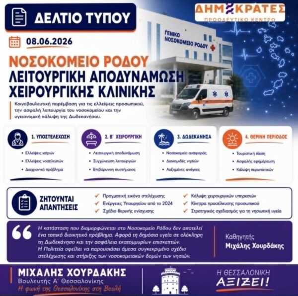 «Χουρδάκης: Υποστελέχωση χωρίς τέλος στο Γενικό Νοσοκομείο Ρόδου»